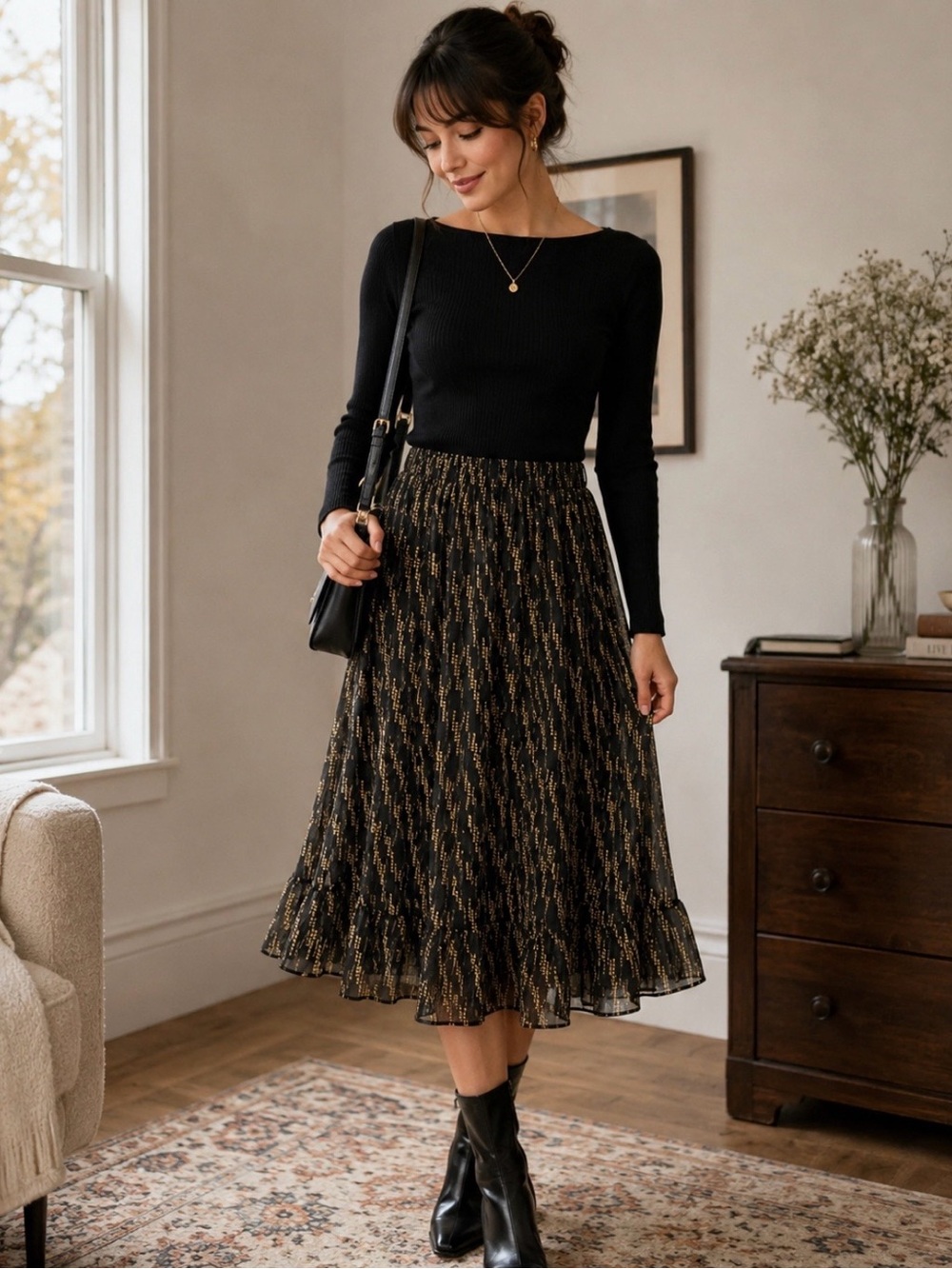 Black & Gold Pleated Midi Skirt - Elegant Women's Skirt Size 14P